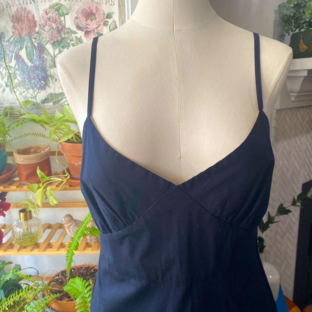 Black spaghetti straps dress A line empire waist top lined in ivory